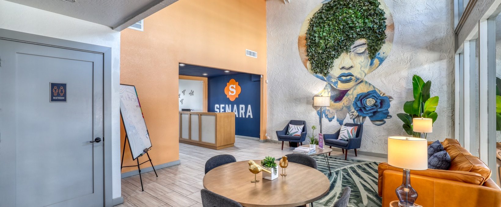 the living room has a mural on the wall at The Senara